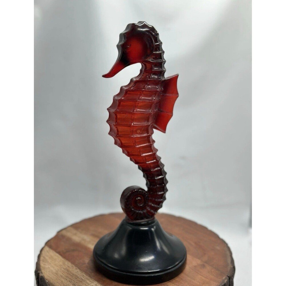 Lucite Acrylic Red Black Seahorse Figurine Sculpture On Stand Mermaid OmbrƩ VTG